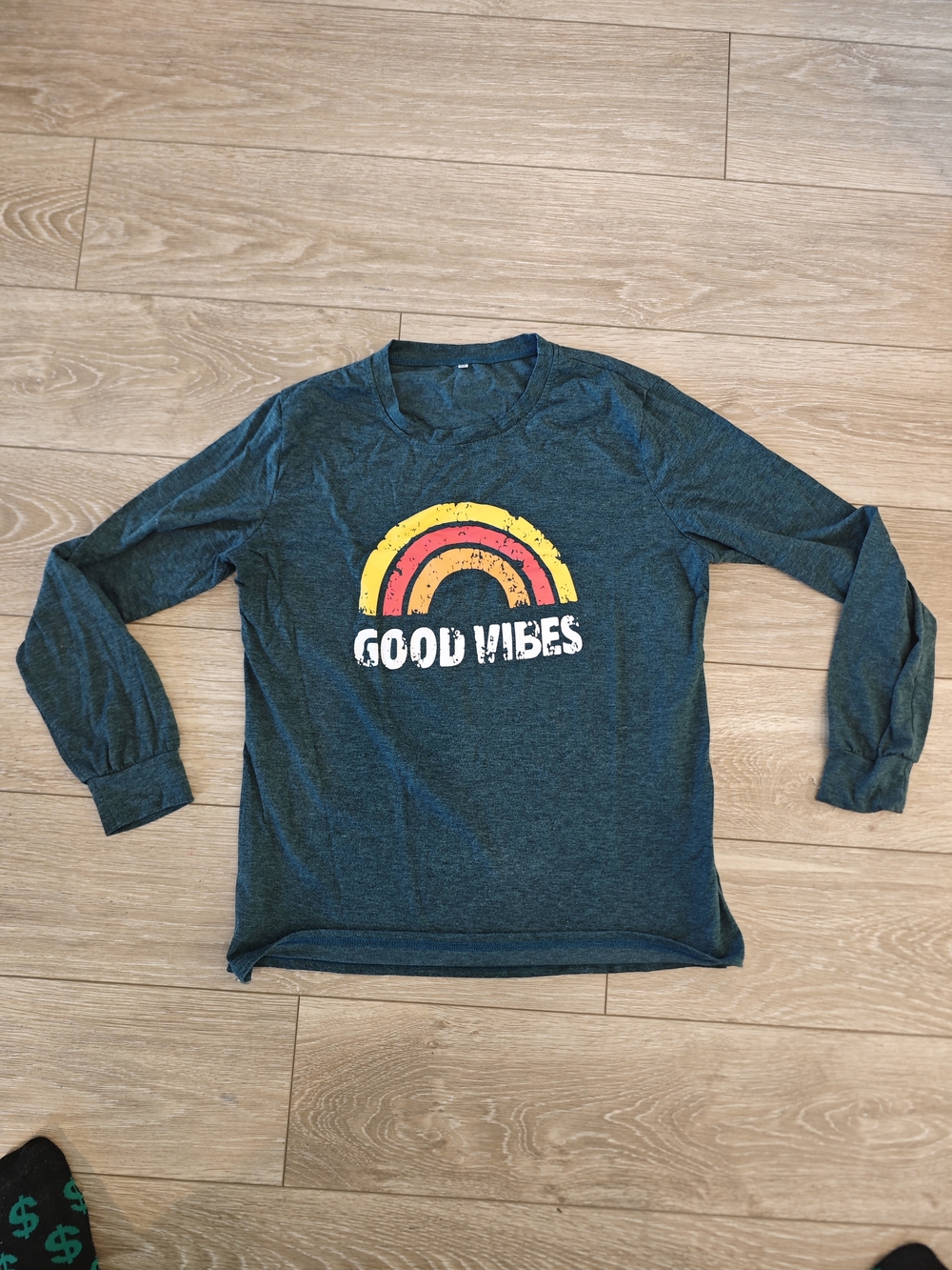 Long-Sleeve 'Good Vibes' Rainbow Tee - Teal